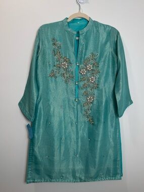 Embroidered Teal Silk Kurta Tunic Pearl Beaded Festive size 36